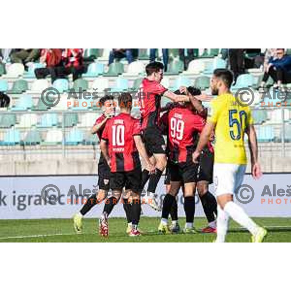 Haris Kadric and players of Primorje celebrate a goal during Prva liga Telemach 2024/2025 football match between Primorje and Bravo Big Bang in Ajdovscina, Slovenia on April 10, 2025