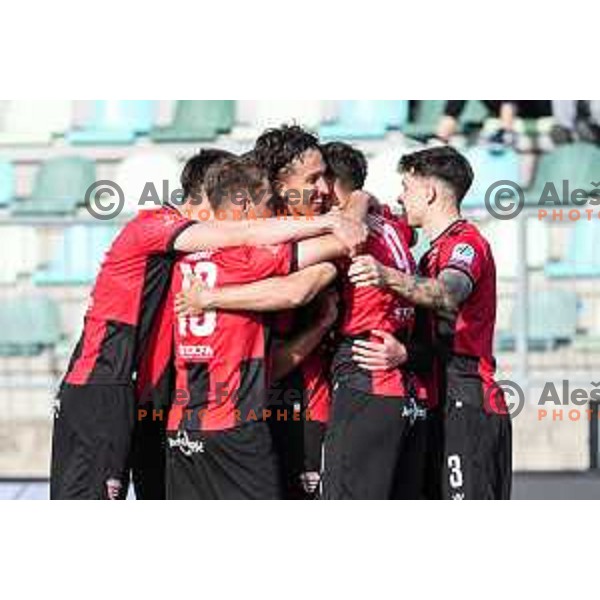 Haris Kadric and players of Primorje celebrate a goal during Prva liga Telemach 2024/2025 football match between Primorje and Bravo Big Bang in Ajdovscina, Slovenia on April 10, 2025