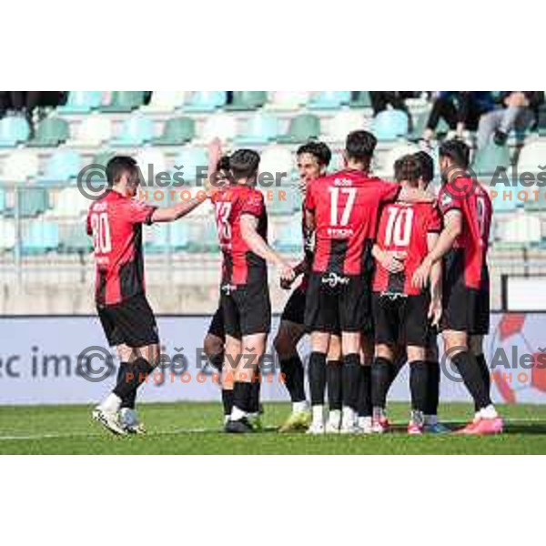 Haris Kadric and players of Primorje celebrate a goal during Prva liga Telemach 2024/2025 football match between Primorje and Bravo Big Bang in Ajdovscina, Slovenia on April 10, 2025