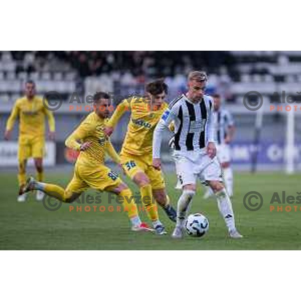Tom Alen Tolic, Gal Kranjcic and Aljaz Antolin in action during Prva liga Telemach 2024/2025 football match between Mura and Domzale in Fazanerija Murska Sobota, Slovenia on April 10, 2025 Photo: Sebastijan Andrejek Bukovec