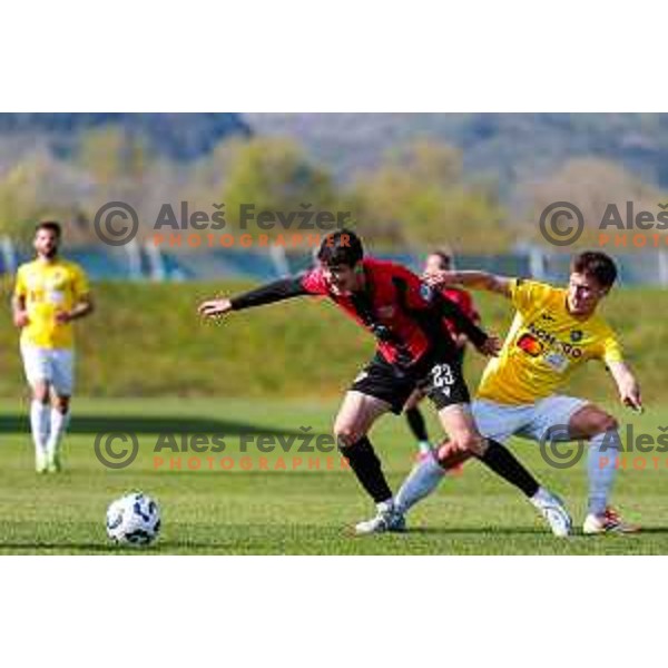 Festim Shatri and Martin Pecar in action during Prva liga Telemach 2024/2025 football match between Primorje and Bravo Big Bang in Ajdovscina, Slovenia on April 10, 2025