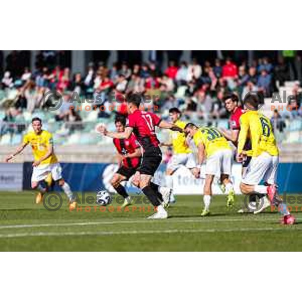 Zan Besir in action during Prva liga Telemach 2024/2025 football match between Primorje and Bravo Big Bang in Ajdovscina, Slovenia on April 10, 2025