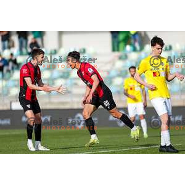 Haris Kadric and players of Primorje celebrate a goal during Prva liga Telemach 2024/2025 football match between Primorje and Bravo Big Bang in Ajdovscina, Slovenia on April 10, 2025