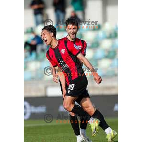 Haris Kadric and players of Primorje celebrate a goal during Prva liga Telemach 2024/2025 football match between Primorje and Bravo Big Bang in Ajdovscina, Slovenia on April 10, 2025