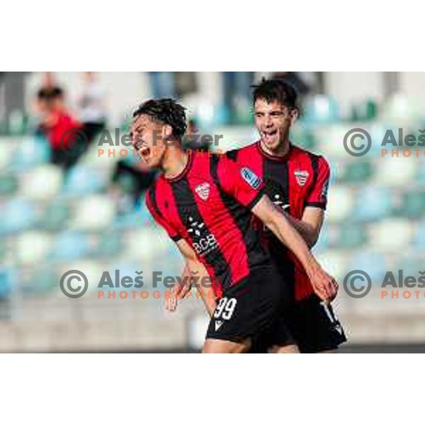 Haris Kadric and players of Primorje celebrate a goal during Prva liga Telemach 2024/2025 football match between Primorje and Bravo Big Bang in Ajdovscina, Slovenia on April 10, 2025