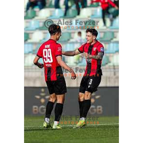 Haris Kadric and players of Primorje celebrate a goal during Prva liga Telemach 2024/2025 football match between Primorje and Bravo Big Bang in Ajdovscina, Slovenia on April 10, 2025
