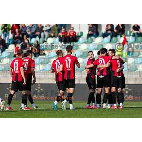Haris Kadric and players of Primorje celebrate a goal during Prva liga Telemach 2024/2025 football match between Primorje and Bravo Big Bang in Ajdovscina, Slovenia on April 10, 2025