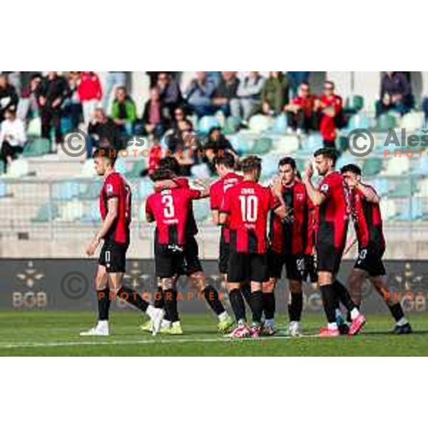 Haris Kadric and players of Primorje celebrate a goal during Prva liga Telemach 2024/2025 football match between Primorje and Bravo Big Bang in Ajdovscina, Slovenia on April 10, 2025