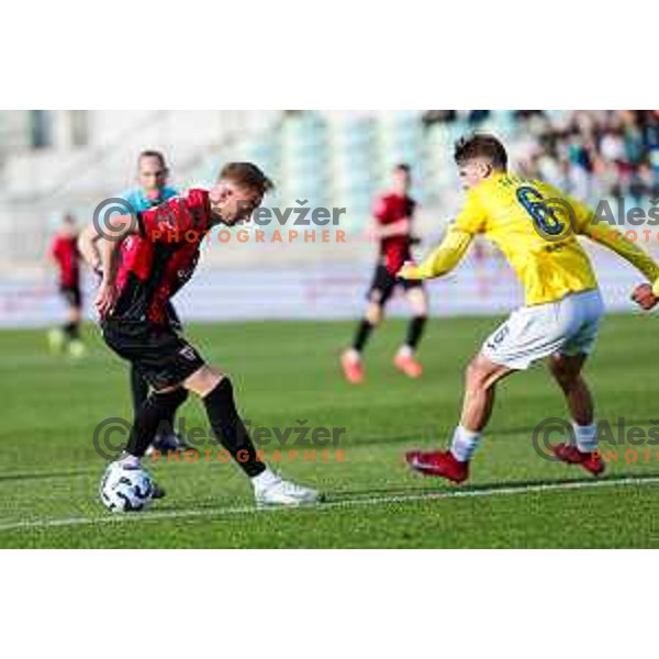Edvin Suljanovic in action during Prva liga Telemach 2024/2025 football match between Primorje and Bravo Big Bang in Ajdovscina, Slovenia on April 10, 2025