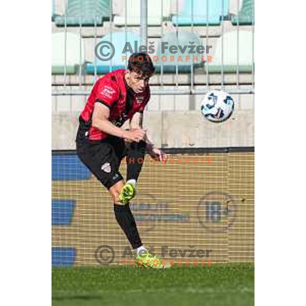 in action during Prva liga Telemach 2024/2025 football match between Primorje and Bravo Big Bang in Ajdovscina, Slovenia on April 10, 2025