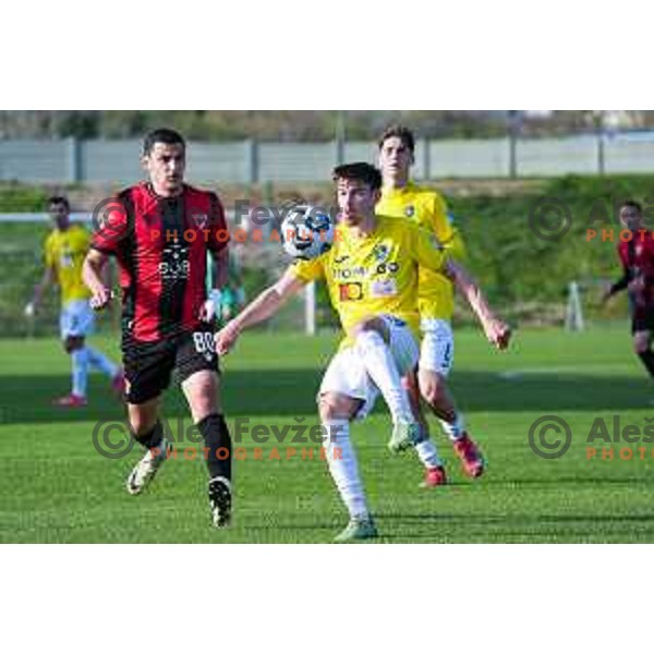 Mirko Mutavcic and Gasper Jovan in action during Prva liga Telemach 2024/2025 football match between Primorje and Bravo Big Bang in Ajdovscina, Slovenia on April 10, 2025