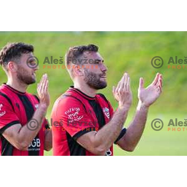 Haris Dedic and players of Primorje celebrate victory at Prva liga Telemach 2024/2025 football match between Primorje and Bravo Big Bang in Ajdovscina, Slovenia on April 10, 2025 