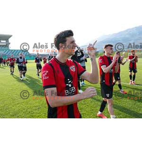 Players of Primorje celebrate victory at Prva liga Telemach 2024/2025 football match between Primorje and Bravo Big Bang in Ajdovscina, Slovenia on April 10, 2025