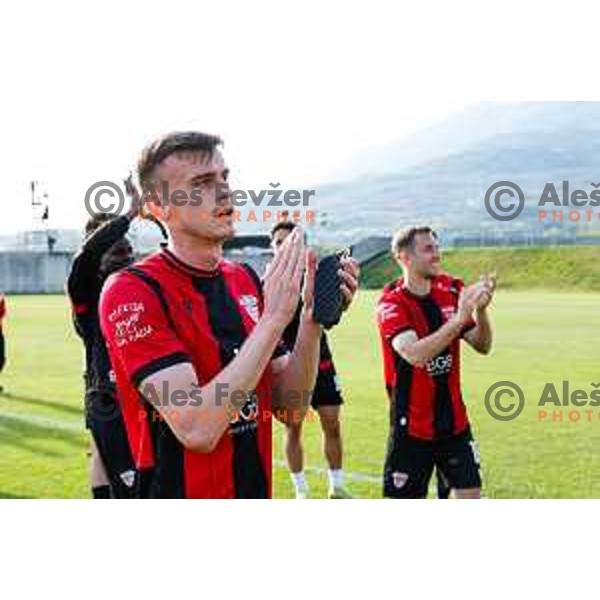 Players of Primorje celebrate victory at Prva liga Telemach 2024/2025 football match between Primorje and Bravo Big Bang in Ajdovscina, Slovenia on April 10, 2025