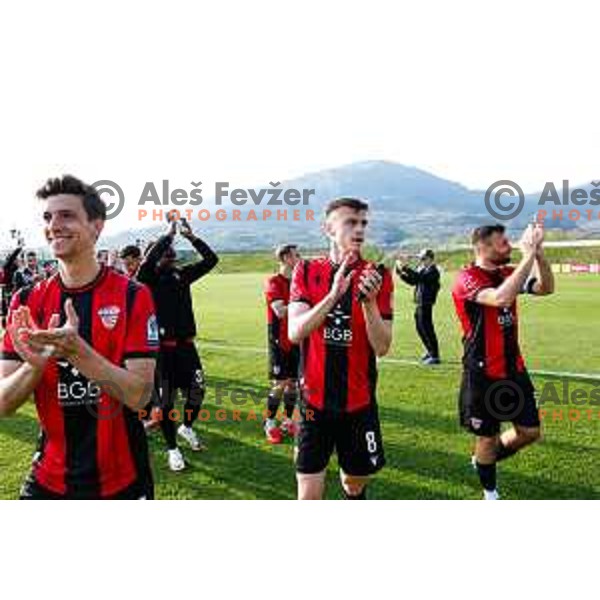 Players of Primorje celebrate victory at Prva liga Telemach 2024/2025 football match between Primorje and Bravo Big Bang in Ajdovscina, Slovenia on April 10, 2025