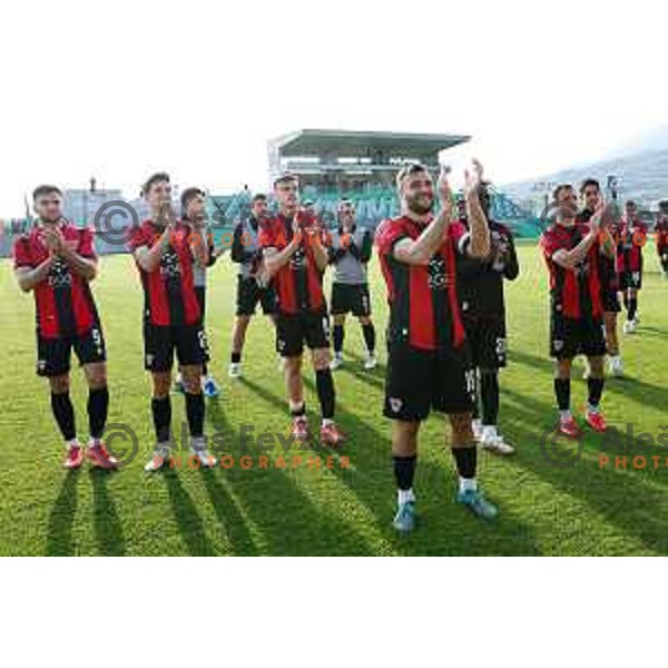Haris Dedic and players of Primorje celebrate victory at Prva liga Telemach 2024/2025 football match between Primorje and Bravo Big Bang in Ajdovscina, Slovenia on April 10, 2025 