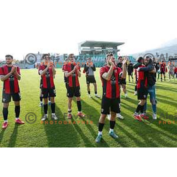 Haris Dedic and players of Primorje celebrate victory at Prva liga Telemach 2024/2025 football match between Primorje and Bravo Big Bang in Ajdovscina, Slovenia on April 10, 2025 