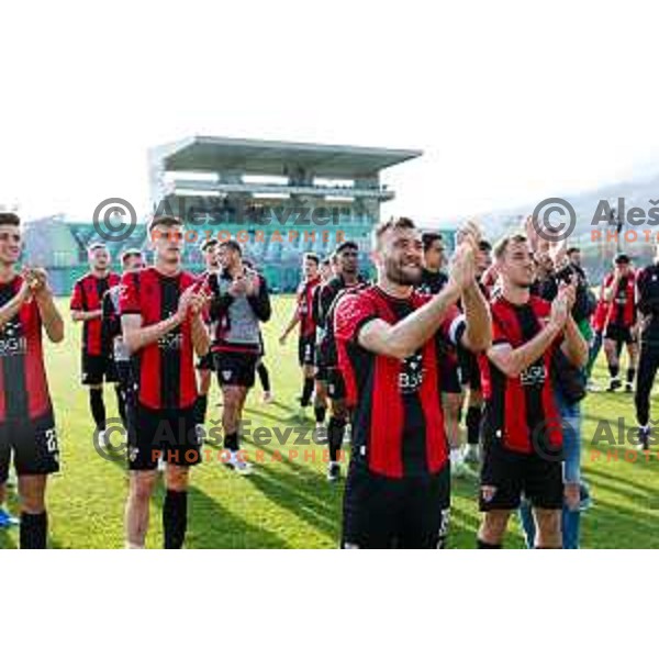 Haris Dedic and players of Primorje celebrate victory at Prva liga Telemach 2024/2025 football match between Primorje and Bravo Big Bang in Ajdovscina, Slovenia on April 10, 2025 