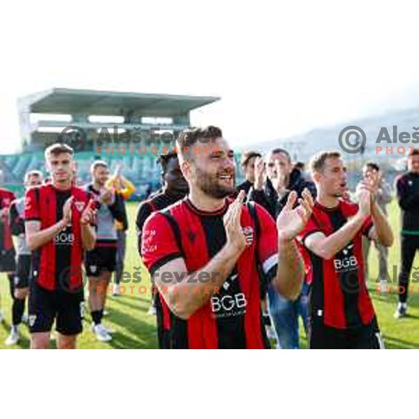 Haris Dedic and players of Primorje celebrate victory at Prva liga Telemach 2024/2025 football match between Primorje and Bravo Big Bang in Ajdovscina, Slovenia on April 10, 2025 