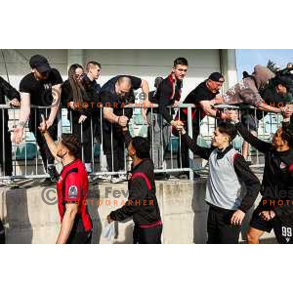 Players of Primorje celebrate victory at Prva liga Telemach 2024/2025 football match between Primorje and Bravo Big Bang in Ajdovscina, Slovenia on April 10, 2025