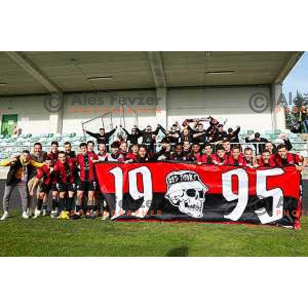 Players of Primorje celebrate victory at Prva liga Telemach 2024/2025 football match between Primorje and Bravo Big Bang in Ajdovscina, Slovenia on April 10, 2025