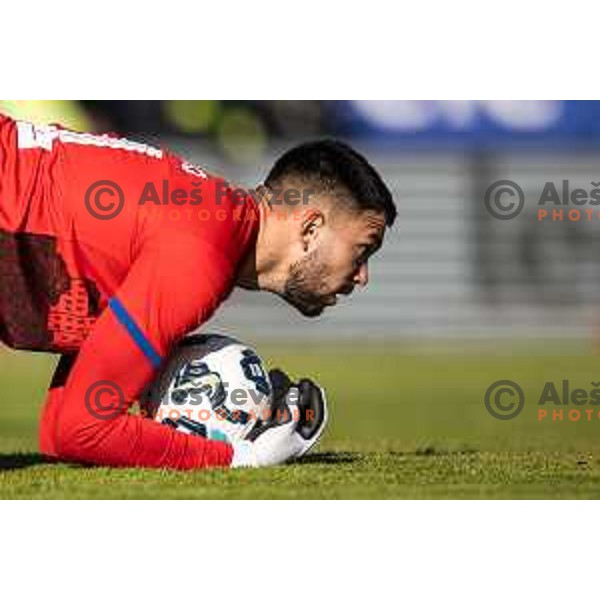 Zan Mauricio in action during Prva liga Telemach football match between Nafta 1903 and Olimpija in Sportni park Lendava, Slovenia on April 12, 2025. Photo: Jure Banfi