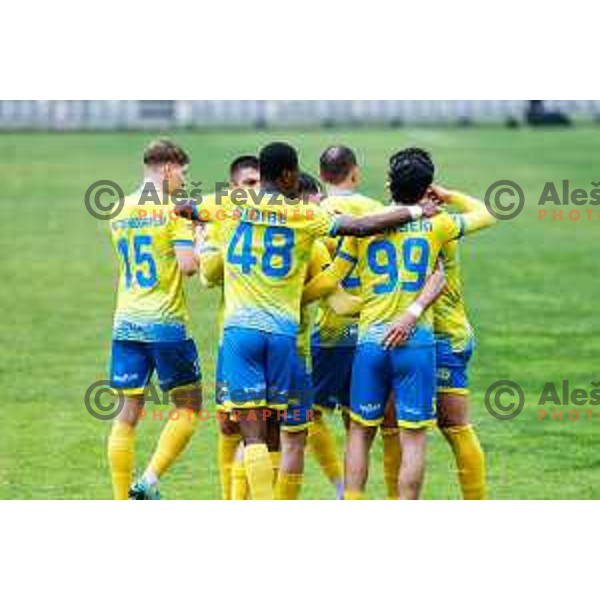 Toni Dongjoni and players of Koper celebrate a goal during Prva liga Telemach 2024/2025 football match between Koper and Primorje at Bonifika Stadium in Koper, Slovenia on April 13, 2025