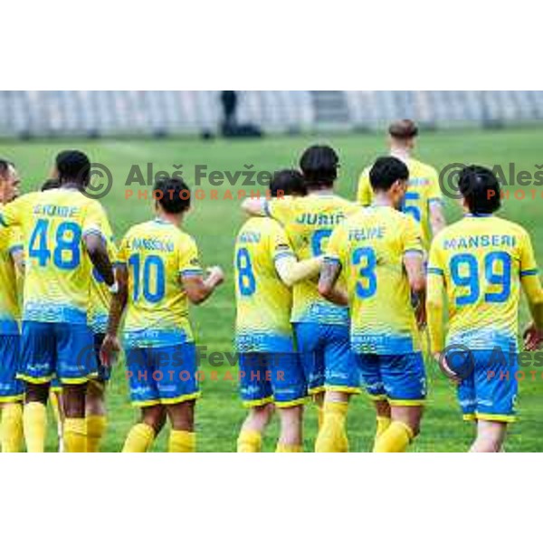 Toni Dongjoni and players of Koper celebrate a goal during Prva liga Telemach 2024/2025 football match between Koper and Primorje at Bonifika Stadium in Koper, Slovenia on April 13, 2025