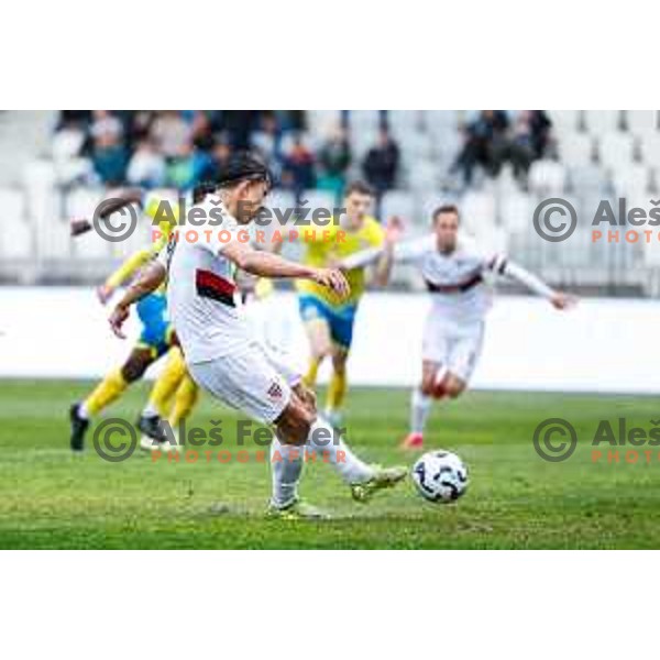 Haris Kadric scores and celebrates a goal during Prva liga Telemach 2024/2025 football match between Koper and Primorje at Bonifika Stadium in Koper, Slovenia on April 13, 2025