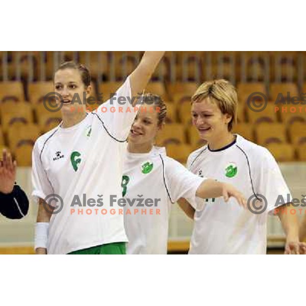 Gros, Mitrusevska, Cerenjak at handball match RK Olimpija- RK Sava Kranj, played in Hala Tivoli, Ljubljana 4.10.2008. RR Olimpija won the match 50:18 