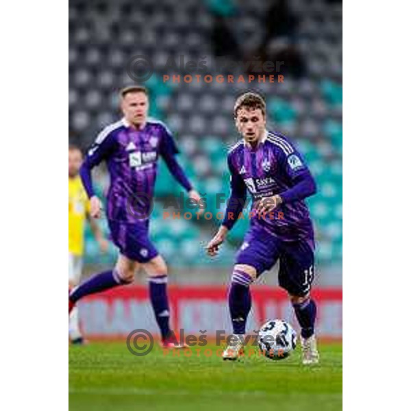 Jan Repas in action during Prva liga Telemach 2024/2025 football match between Bravo Bing Bang and Maribor in Ljubljana, Slovenia on April 13, 2025
