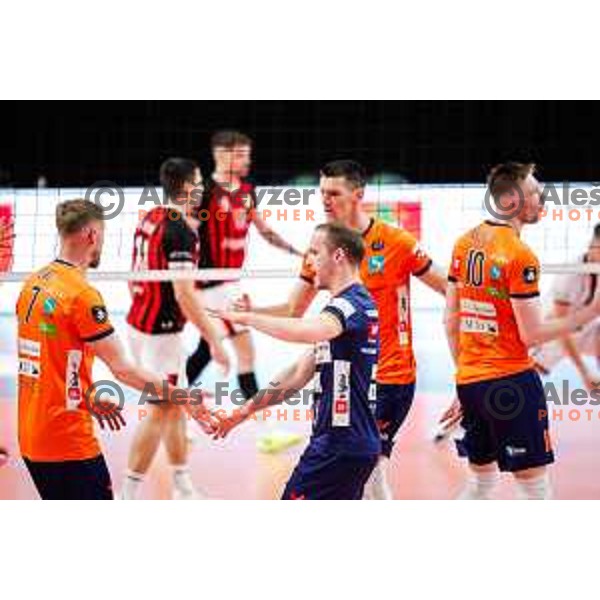  in action during the first match of the Final of 1.DOL Sportklub Volleyball League between ACH Volley and Alpacem Kanal in Tivoli Hall, Ljubljana, Slovenia on April 15, 2025