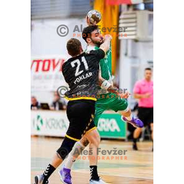 in action during 1.NLB League 2024/2025 handball match between Krka and Gorenje Velenje in Novo Mesto, Slovenia on April 18, 2025