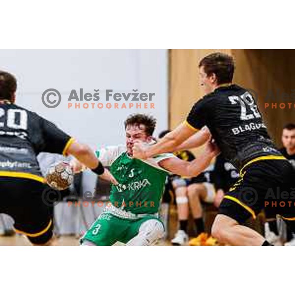 in action during 1.NLB League 2024/2025 handball match between Krka and Gorenje Velenje in Novo Mesto, Slovenia on April 18, 2025