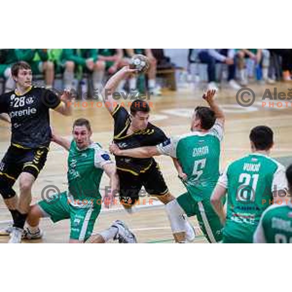 in action during 1.NLB League 2024/2025 handball match between Krka and Gorenje Velenje in Novo Mesto, Slovenia on April 18, 2025