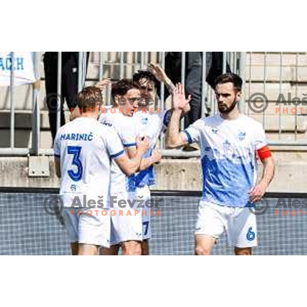 Dragan Brkic and players of Nafta 1903 celebrate a goal during Prva liga Telemach 2024/2025 football match between Primorje and Nafta 1903 in Ajdovscina, Slovenia on April 19, 2025