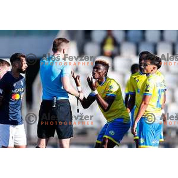 Referee Denis Halilovic shows yellow card to Wisdom Sule of Koper at Prva liga Telemach 2024/2025 football match between Koper and Bravo Big Bang at Bonifika Stadium in Koper, Slovenia on April 19, 2025