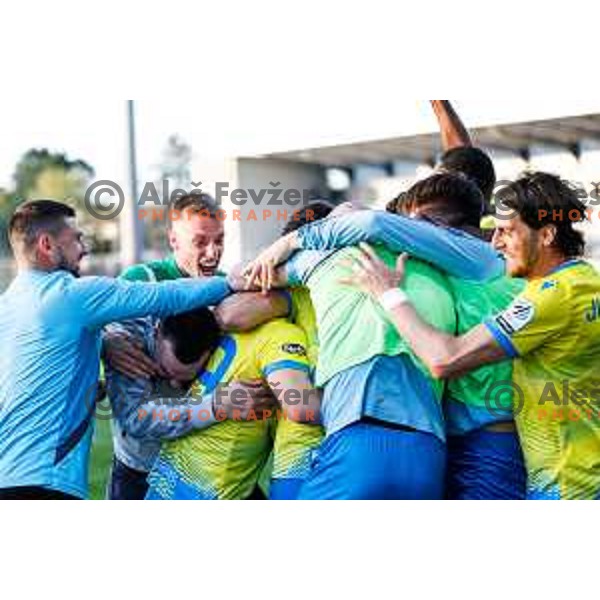 Damjan Bohar and players of Koper celebrate winning goal at Prva liga Telemach 2024/2025 football match between Koper and Bravo Big Bang at Bonifika Stadium in Koper, Slovenia on April 19, 2025