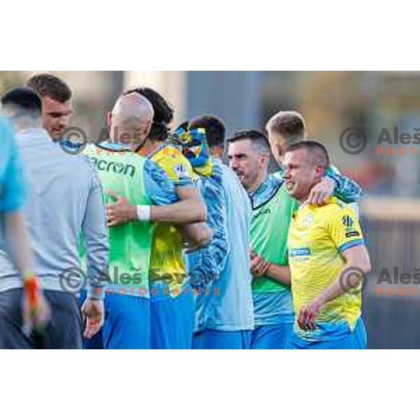 Damjan Bohar and players of Koper celebrate victory at Prva liga Telemach 2024/2025 football match between Koper and Bravo Big Bang at Bonifika Stadium in Koper, Slovenia on April 19, 2025