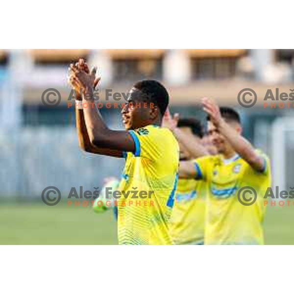 Ahmed Sidibe and players of Koper celebrate victory at Prva liga Telemach 2024/2025 football match between Koper and Bravo Big Bang at Bonifika Stadium in Koper, Slovenia on April 19, 2025