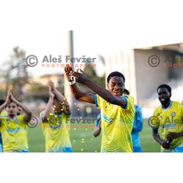 Ahmed Sidibe and players of Koper celebrate victory at Prva liga Telemach 2024/2025 football match between Koper and Bravo Big Bang at Bonifika Stadium in Koper, Slovenia on April 19, 2025