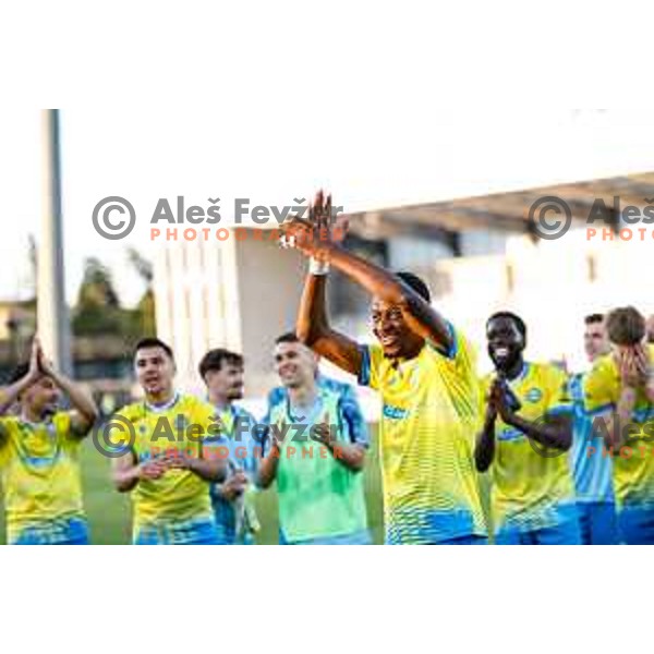 Ahmed Sidibe and players of Koper celebrate victory at Prva liga Telemach 2024/2025 football match between Koper and Bravo Big Bang at Bonifika Stadium in Koper, Slovenia on April 19, 2025