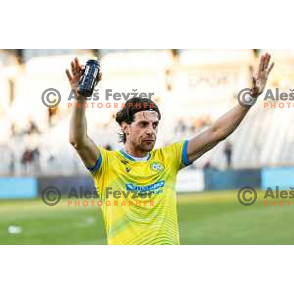 Tomi Juric of Koper celebrates victory at Prva liga Telemach 2024/2025 football match between Koper and Bravo Big Bang at Bonifika Stadium in Koper, Slovenia on April 19, 2025