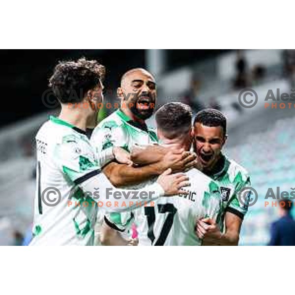 Ahmet Muhamedbegovic and players of Olimpija celebrate a goal during Prva liga Telemach 2024/2025 football match between Olimpija and Domzale in Ljubljana, Slovenia on April 19, 2025