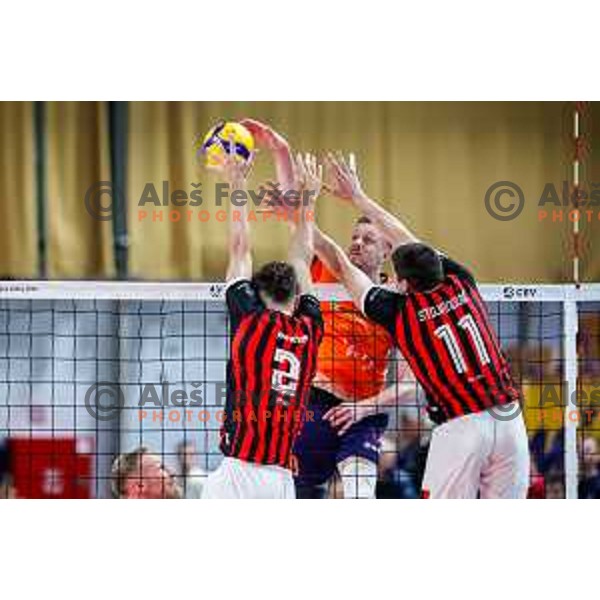 in action during the third match of the Final of 1.DOL Sportklub Volleyball League between ACH Volley and Alpacem Kanal in Tivoli Hall, Ljubljana, Slovenia on April 22, 2025