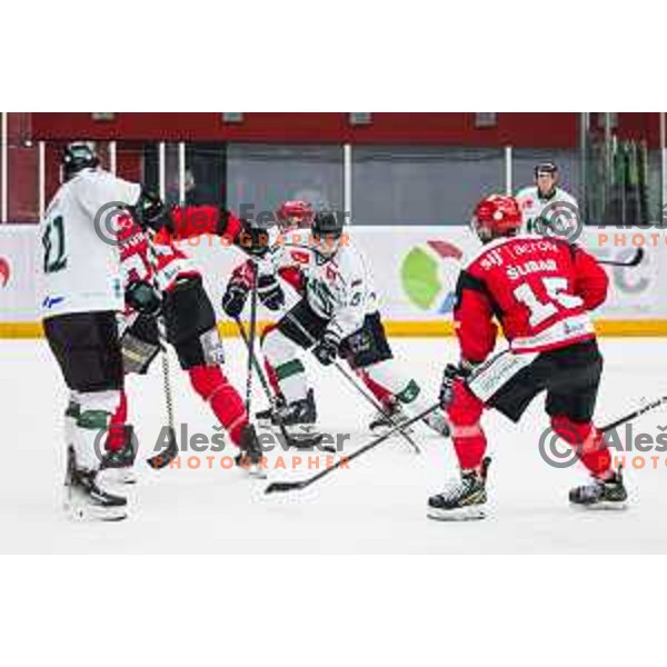 in action during first match of the Final of Slovenian ice-hockey National Championship 2024/2025 between SIJ Acroni Jesenice and HK Olimpija Ljubljana in Podmezakla Hall on April 22, 2025, Jesenice, Slovenia Photo: Grega Valancic
