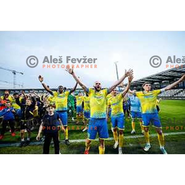 Ahmed Sibide, Dominik Ivkic, Veljko Mijailovic and Maj Mittendorfer of Koper celebrate victory at semi-final of Pivovarna Union Slovenian Cup 2024/2025 football match between Koper and Bravo Big Bang at Bonifika Stadium in Koper, Slovenia on April 23, 2025