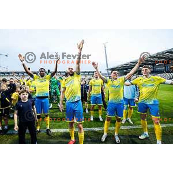 Ahmed Sibide, Dominik Ivkic, Veljko Mijailovic and Maj Mittendorfer of Koper celebrate victory at semi-final of Pivovarna Union Slovenian Cup 2024/2025 football match between Koper and Bravo Big Bang at Bonifika Stadium in Koper, Slovenia on April 23, 2025