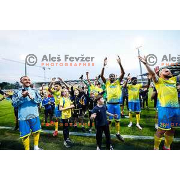 Ahmed Sibide, Dominik Ivkic, Veljko Mijailovic and Maj Mittendorfer of Koper celebrate victory at semi-final of Pivovarna Union Slovenian Cup 2024/2025 football match between Koper and Bravo Big Bang at Bonifika Stadium in Koper, Slovenia on April 23, 2025
