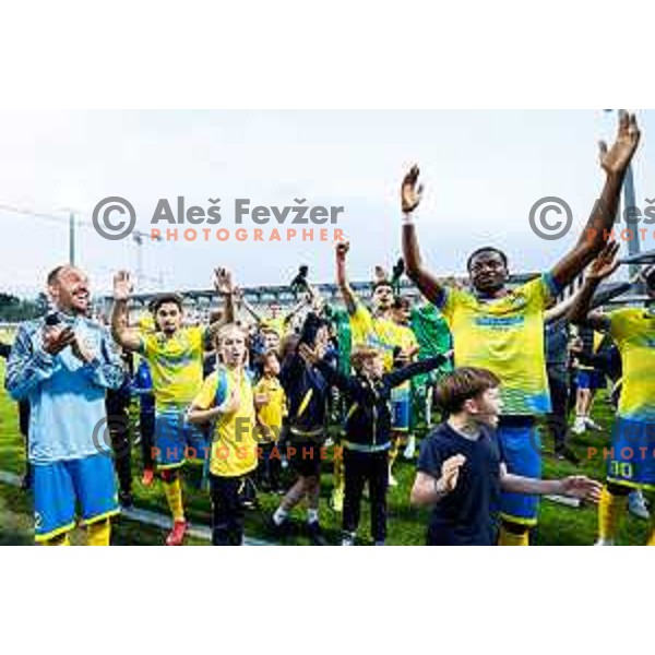 Ahmed Sibide of Koper celebrates victory at semi-final of Pivovarna Union Slovenian Cup 2024/2025 football match between Koper and Bravo Big Bang at Bonifika Stadium in Koper, Slovenia on April 23, 2025